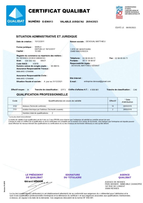 Denoual Couvreur Ille Et Vilaine 35 Certificat RGE Qualibat 28 04 2023 Page 0001
