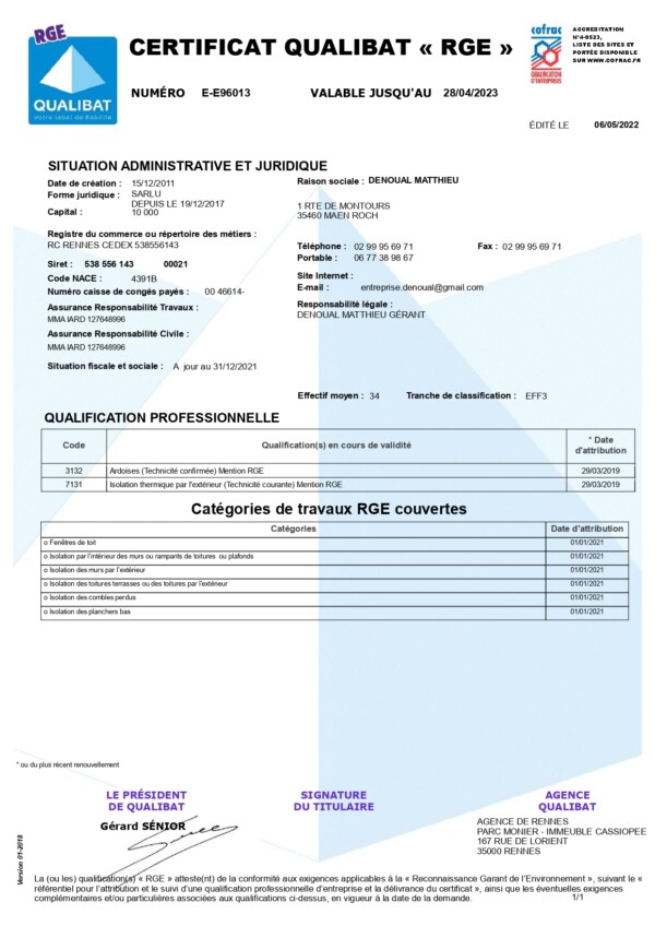 Denoual Couvreur Ille Et Vilaine 35 Certificat RGE Qualibat 28 04 2023 Page 0002